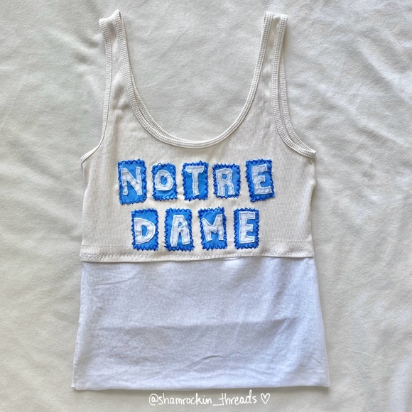 Divided Tops - white and blue Notre Dame embroidered hand sewn tank top